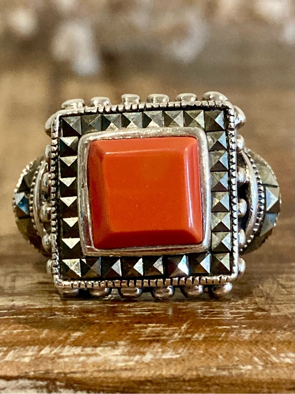 925 Sterling Silver Ring with Square Orange Stone Surrounded by Grey Stones 6.75